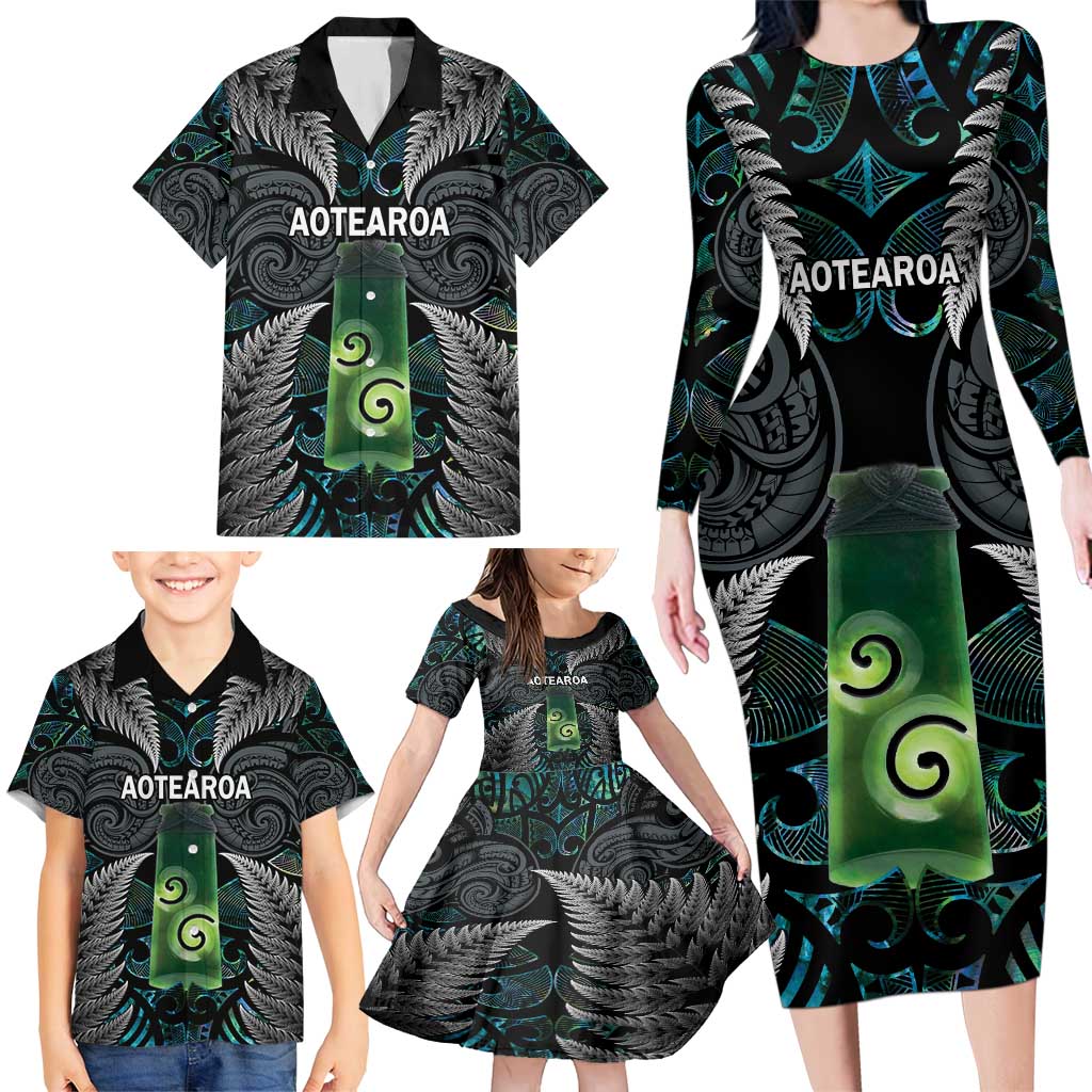 Personalised New Zealand Toki Family Matching Long Sleeve Bodycon Dress and Hawaiian Shirt Silver Fern Mix Aotearoa Maori Pattern