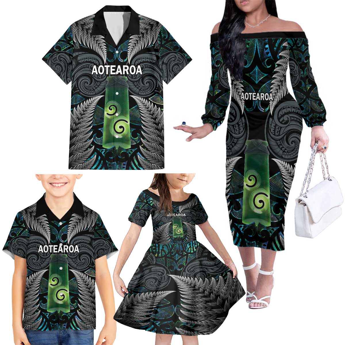 Personalised New Zealand Toki Family Matching Off The Shoulder Long Sleeve Dress and Hawaiian Shirt Silver Fern Mix Aotearoa Maori Pattern