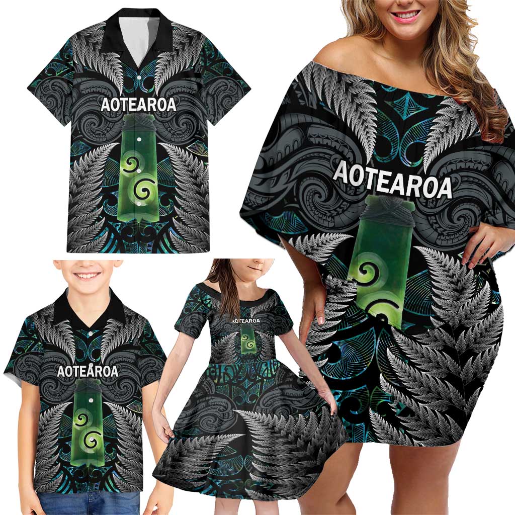 Personalised New Zealand Toki Family Matching Off Shoulder Short Dress and Hawaiian Shirt Silver Fern Mix Aotearoa Maori Pattern