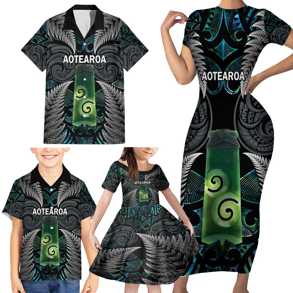 Personalised New Zealand Toki Family Matching Short Sleeve Bodycon Dress and Hawaiian Shirt Silver Fern Mix Aotearoa Maori Pattern