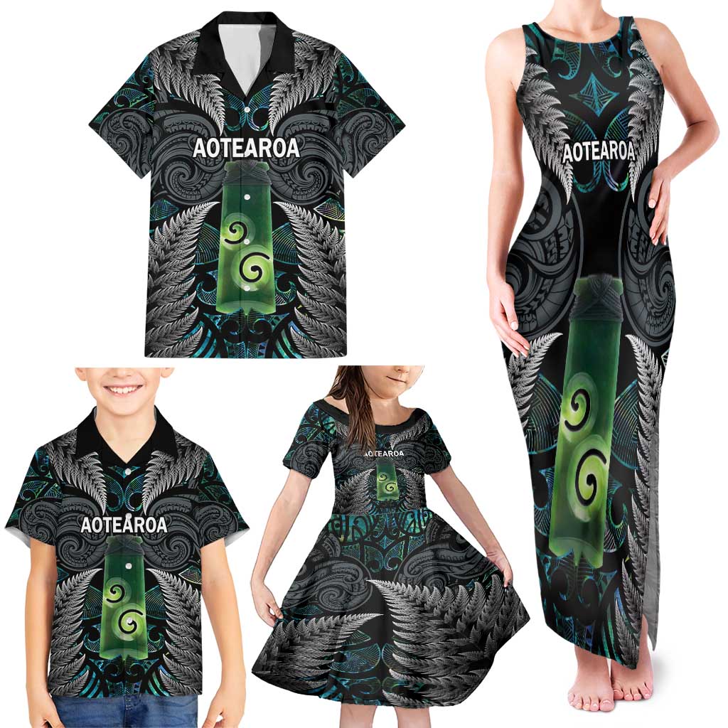 Personalised New Zealand Toki Family Matching Tank Maxi Dress and Hawaiian Shirt Silver Fern Mix Aotearoa Maori Pattern