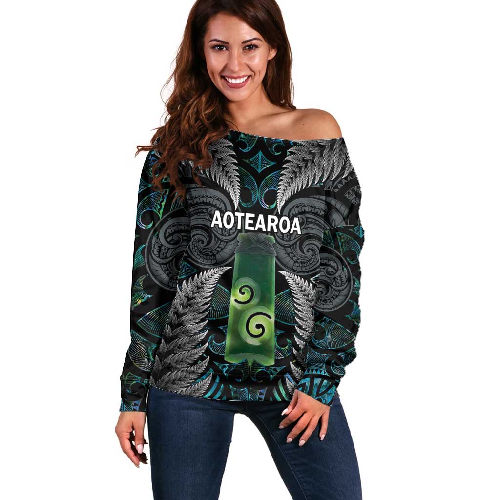 Personalised New Zealand Toki Off Shoulder Sweater Silver Fern Mix Aotearoa Maori Pattern LT14 Women Black - Polynesian Pride