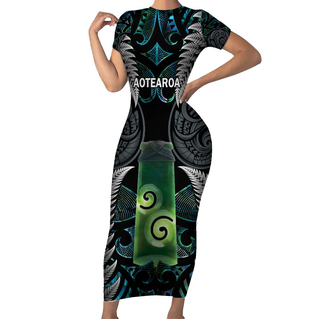 Personalised New Zealand Toki Short Sleeve Bodycon Dress Silver Fern Mix Aotearoa Maori Pattern