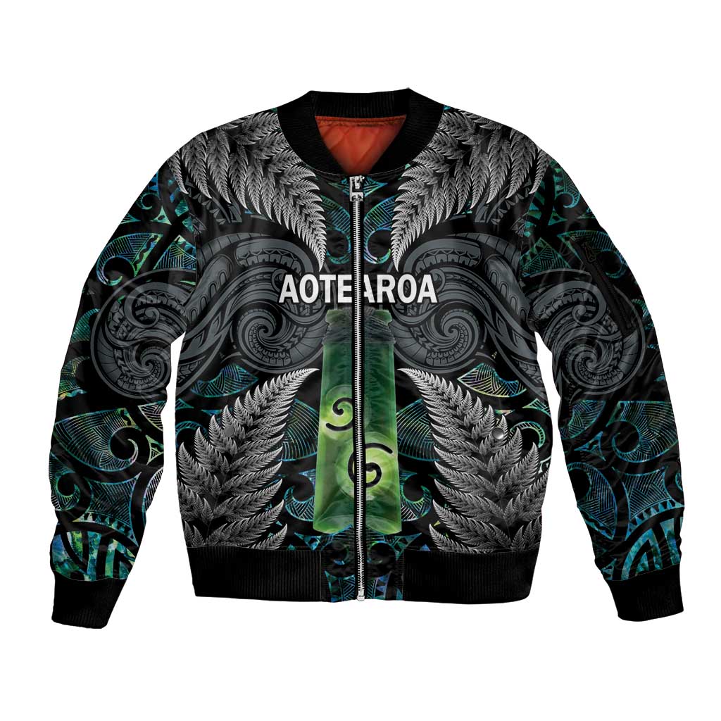 Personalised New Zealand Toki Sleeve Zip Bomber Jacket Silver Fern Mix Aotearoa Maori Pattern