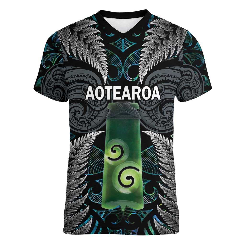 Personalised New Zealand Toki Women V-Neck T-Shirt Silver Fern Mix Aotearoa Maori Pattern