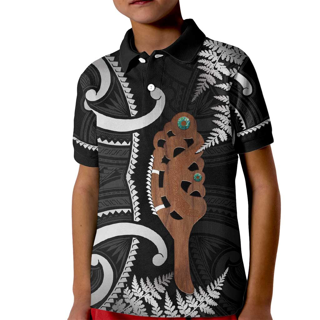 New Zealand Maripi Kid Polo Shirt Silver Fern Mix Aotearoa Maori Pattern LT14 Kid Black - Polynesian Pride