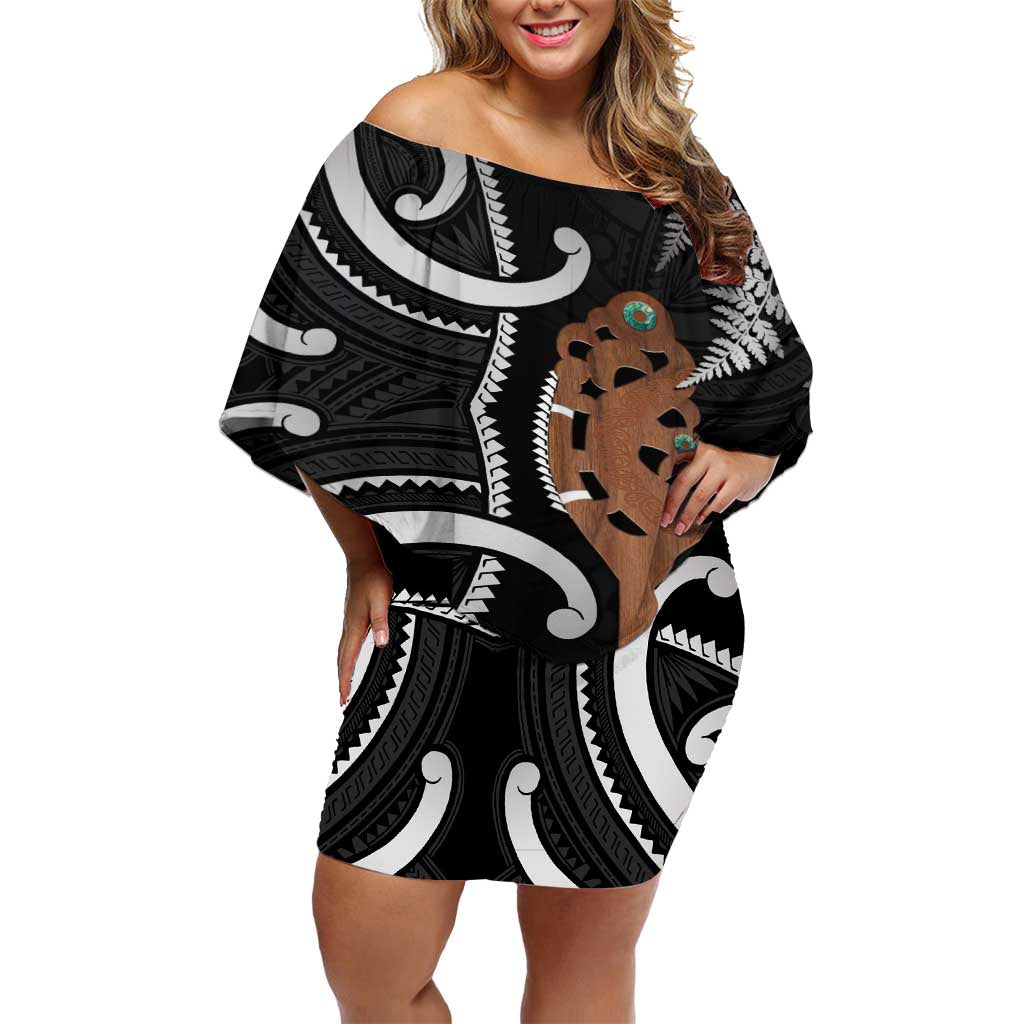 New Zealand Maripi Off Shoulder Short Dress Silver Fern Mix Aotearoa Maori Pattern LT14 Women Black - Polynesian Pride