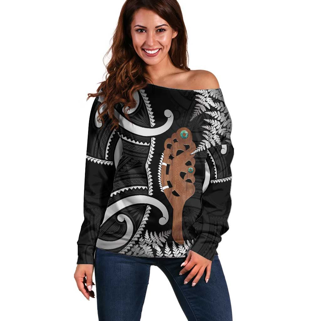 New Zealand Maripi Off Shoulder Sweater Silver Fern Mix Aotearoa Maori Pattern LT14 Women Black - Polynesian Pride