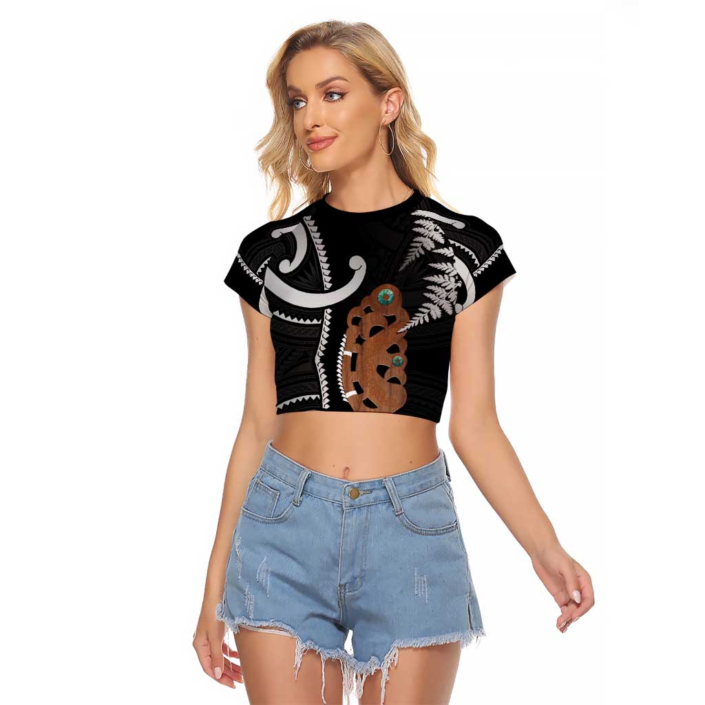 New Zealand Maripi Raglan Cropped T Shirt Silver Fern Mix Aotearoa Maori Pattern LT14 Female Black - Polynesian Pride