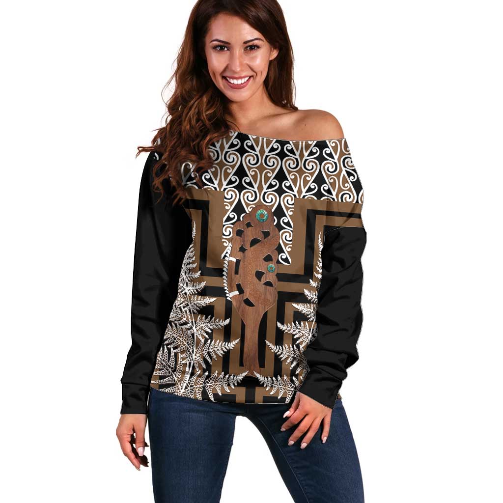 New Zealand Off Shoulder Sweater Maori Maripi Knife With Poutama Art LT14 Women Brown - Polynesian Pride