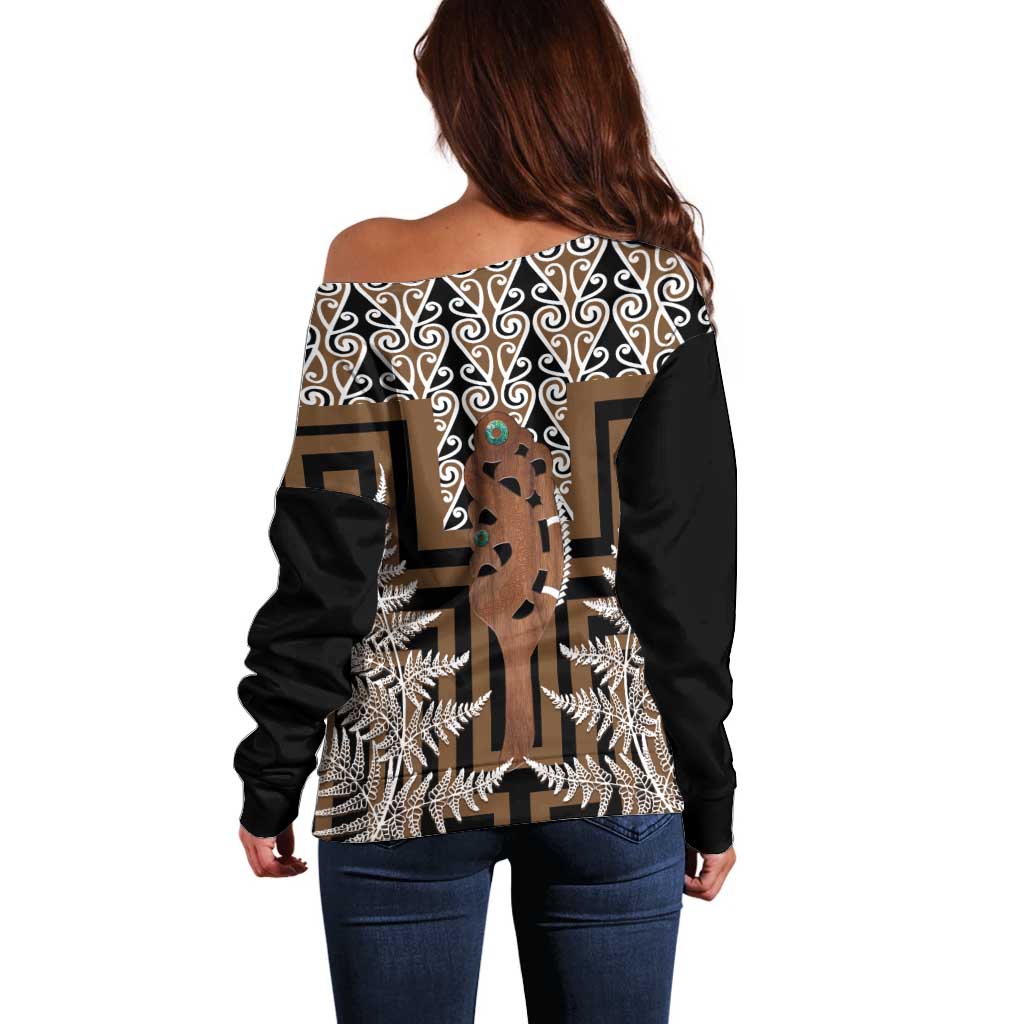 New Zealand Off Shoulder Sweater Maori Maripi Knife With Poutama Art LT14 - Polynesian Pride