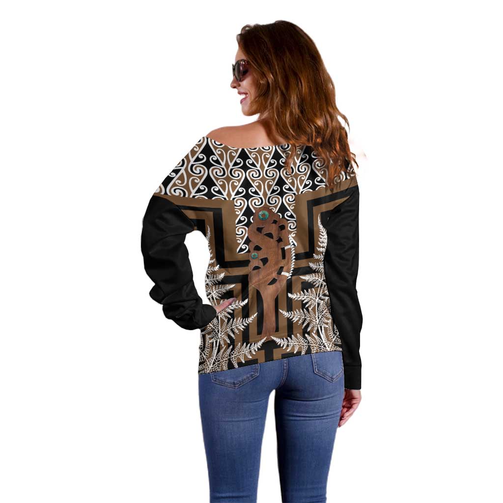 New Zealand Off Shoulder Sweater Maori Maripi Knife With Poutama Art LT14 - Polynesian Pride