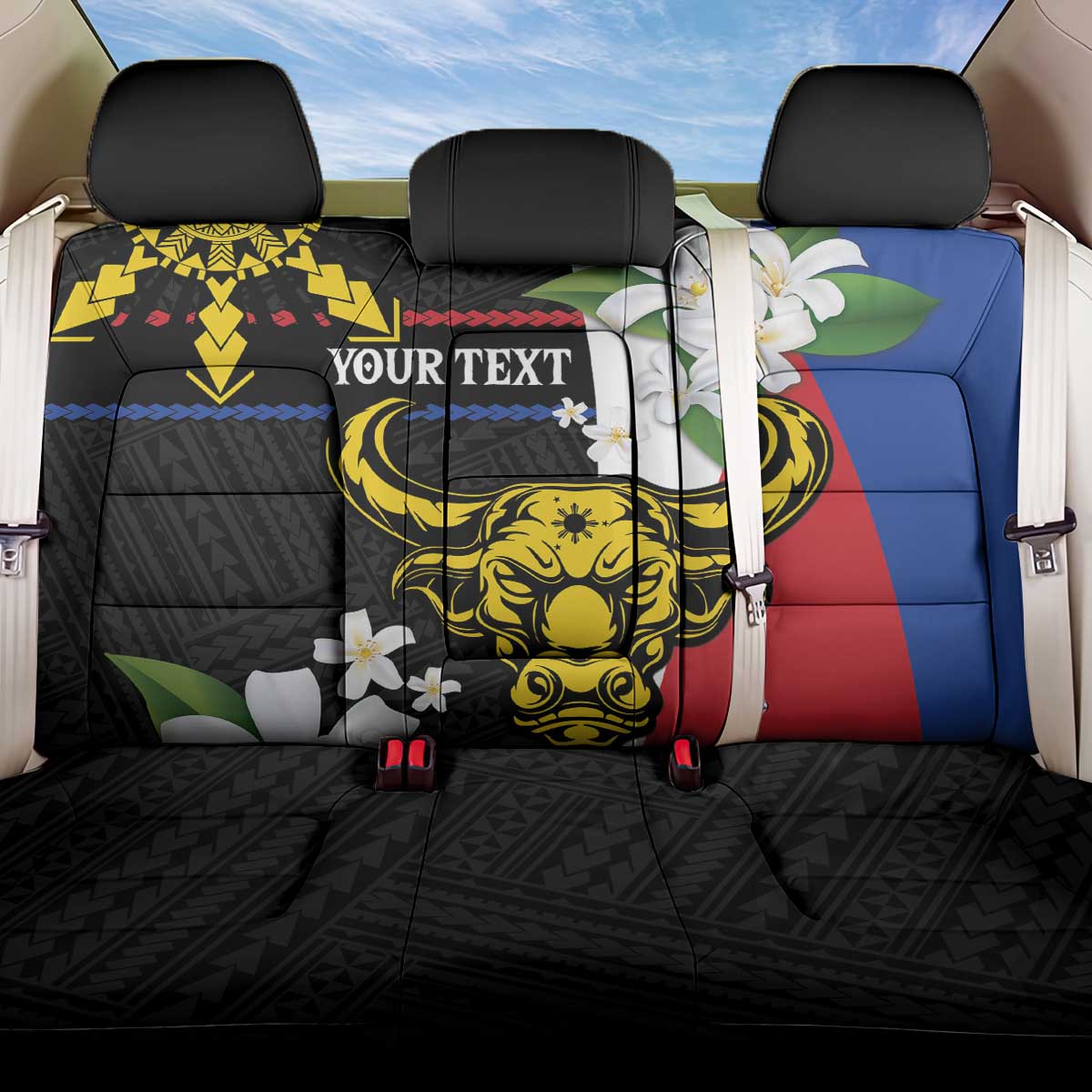 Personalised Philippines Carabao Back Car Seat Cover Filipino Sun Mix Sampaguita Flower LT14 One Size Black - Polynesian Pride