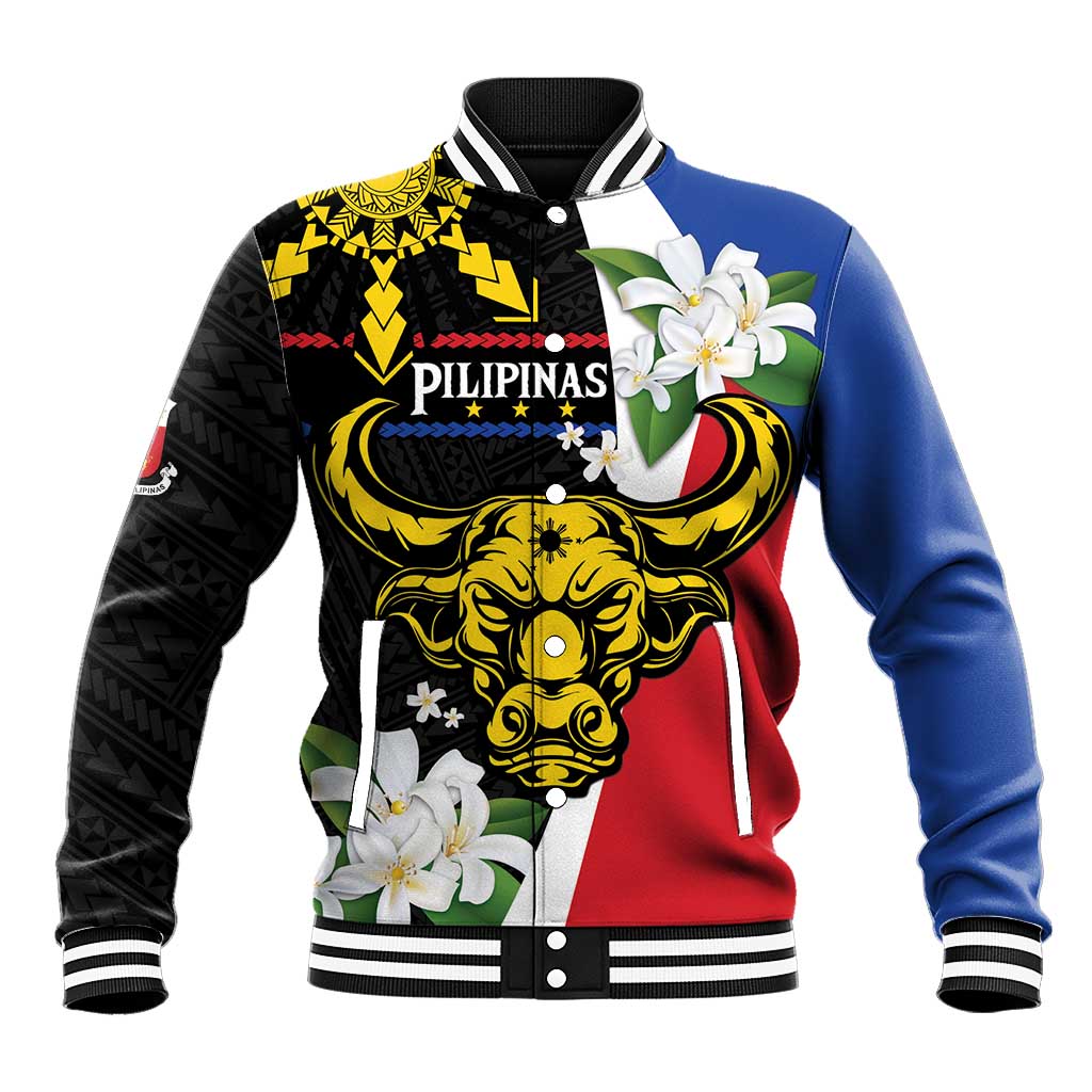 Personalised Philippines Carabao Baseball Jacket Filipino Sun Mix Sampaguita Flower LT14 Unisex Black - Polynesian Pride
