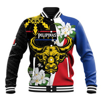 Personalised Philippines Carabao Baseball Jacket Filipino Sun Mix Sampaguita Flower LT14 Unisex Black - Polynesian Pride