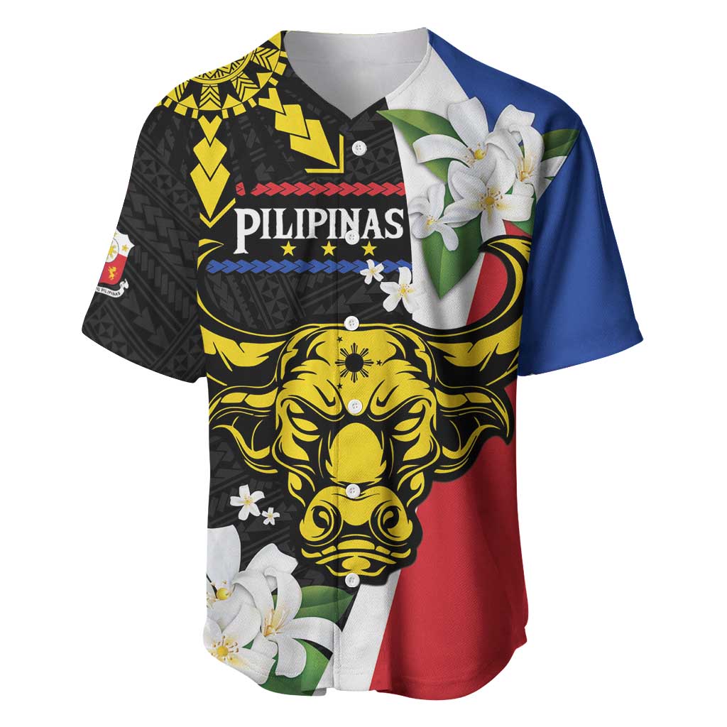 Personalised Philippines Carabao Baseball Jersey Filipino Sun Mix Sampaguita Flower LT14 Black - Polynesian Pride