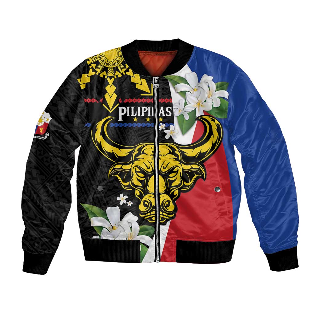 Personalised Philippines Carabao Bomber Jacket Filipino Sun Mix Sampaguita Flower LT14 Unisex Black - Polynesian Pride