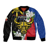 Personalised Philippines Carabao Bomber Jacket Filipino Sun Mix Sampaguita Flower LT14 Unisex Black - Polynesian Pride