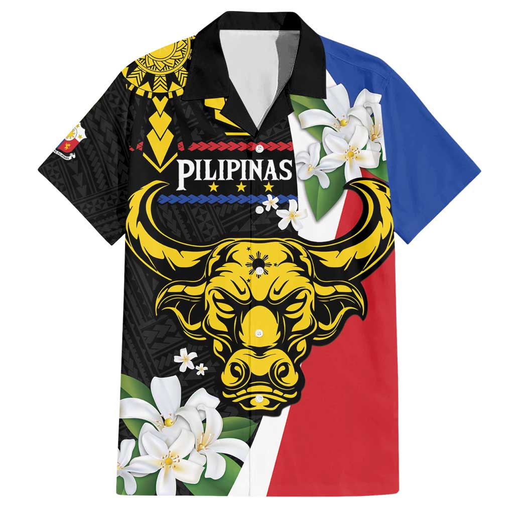 Personalised Philippines Carabao Hawaiian Shirt Filipino Sun Mix Sampaguita Flower LT14 Black - Polynesian Pride