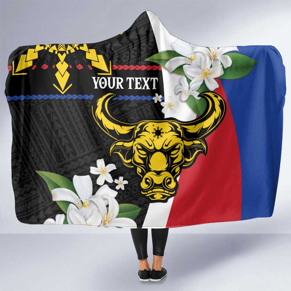 Personalised Philippines Carabao Hooded Blanket Filipino Sun Mix Sampaguita Flower LT14 One Size Black - Polynesian Pride