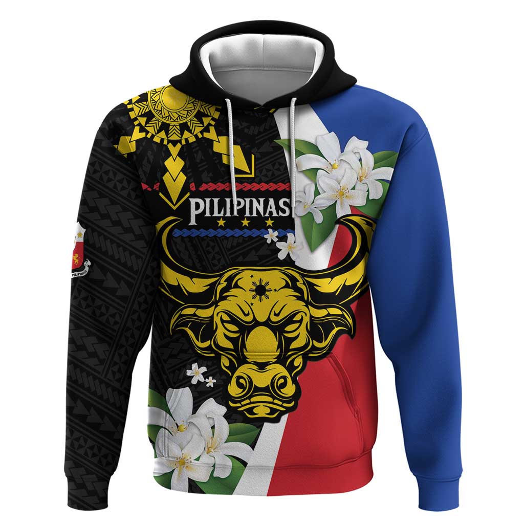Personalised Philippines Carabao Hoodie Filipino Sun Mix Sampaguita Flower LT14 Pullover Hoodie Black - Polynesian Pride