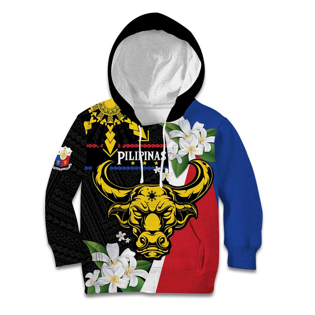 Personalised Philippines Carabao Kid Hoodie Filipino Sun Mix Sampaguita Flower LT14 Hoodie Black - Polynesian Pride
