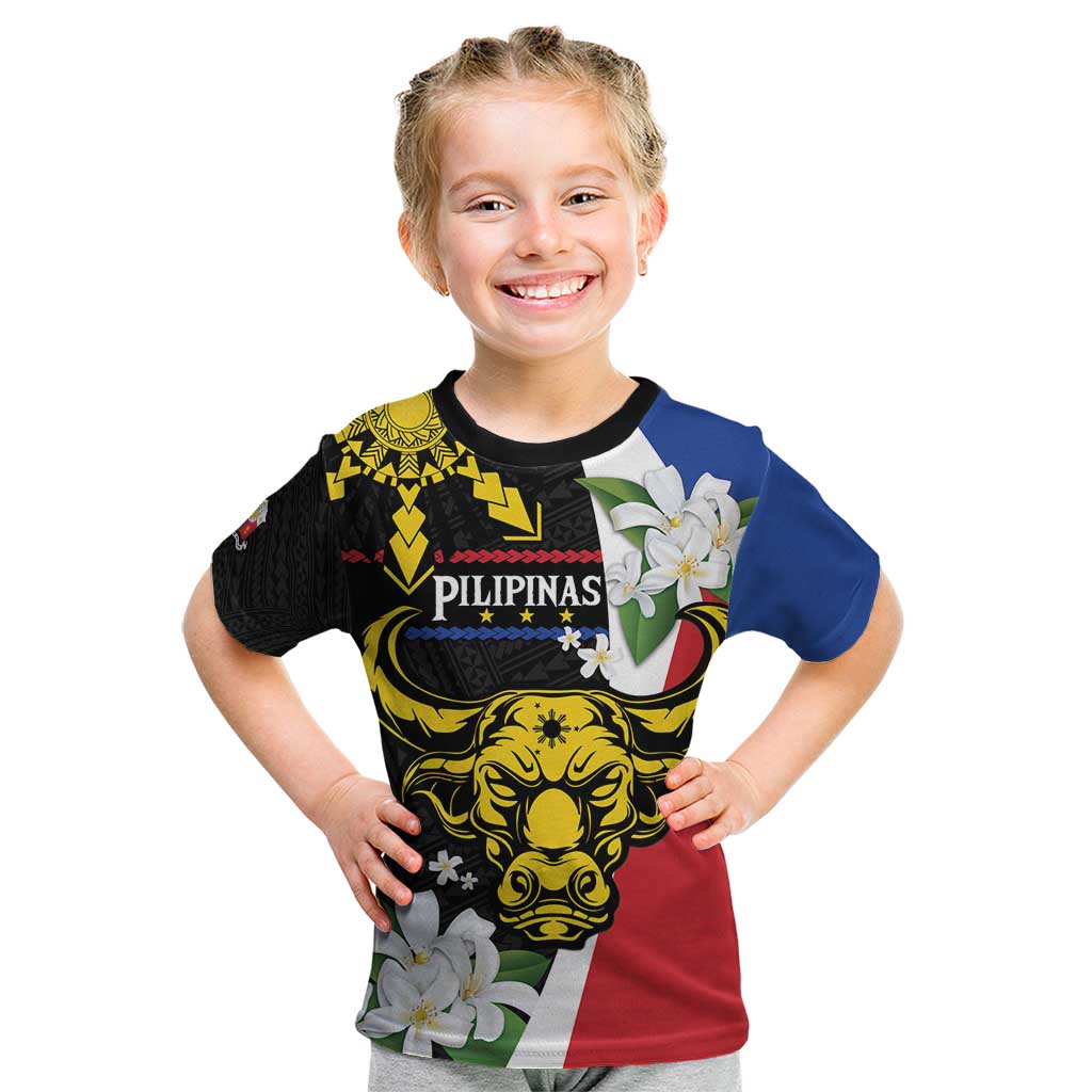 Personalised Philippines Carabao Kid T Shirt Filipino Sun Mix Sampaguita Flower LT14 Black - Polynesian Pride