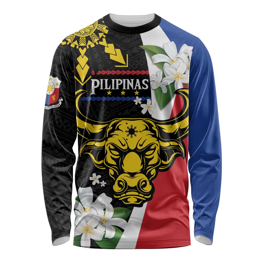 Personalised Philippines Carabao Long Sleeve Shirt Filipino Sun Mix Sampaguita Flower LT14 Unisex Black - Polynesian Pride