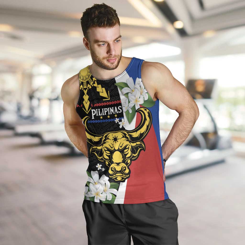 Personalised Philippines Carabao Men Tank Top Filipino Sun Mix Sampaguita Flower LT14 Black - Polynesian Pride