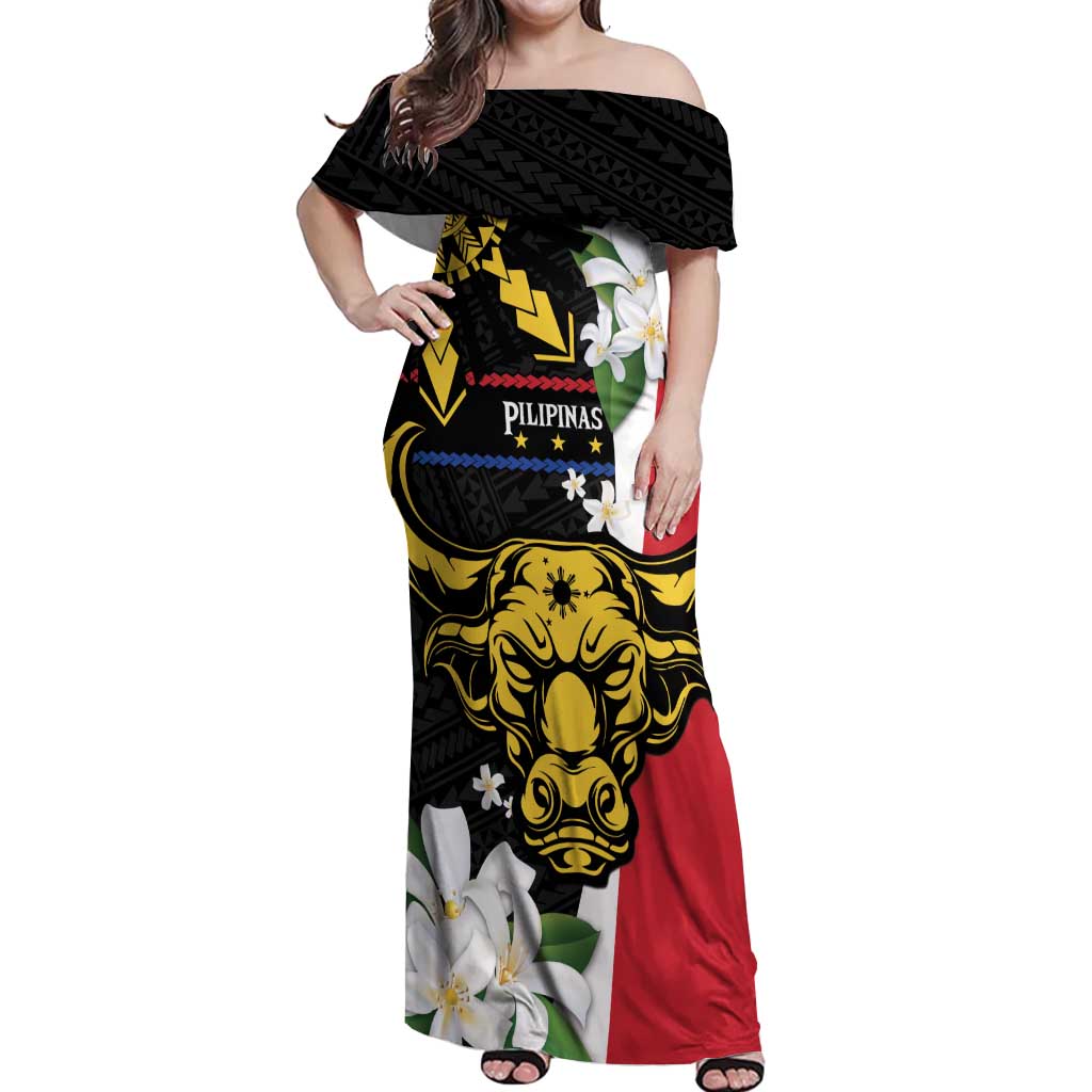 Personalised Philippines Carabao Off Shoulder Maxi Dress Filipino Sun Mix Sampaguita Flower LT14 Women Black - Polynesian Pride