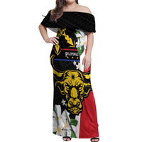 Personalised Philippines Carabao Off Shoulder Maxi Dress Filipino Sun Mix Sampaguita Flower LT14 Women Black - Polynesian Pride