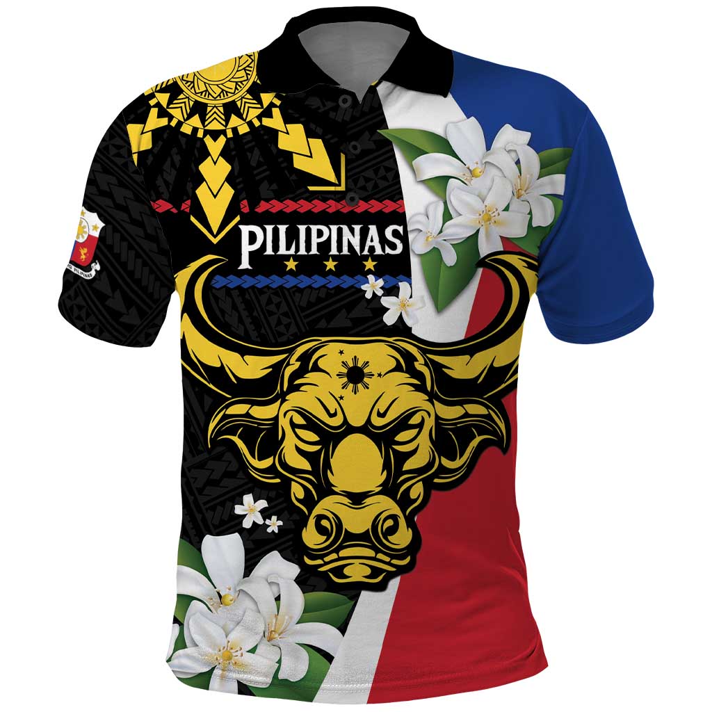 Personalised Philippines Carabao Polo Shirt Filipino Sun Mix Sampaguita Flower LT14 Black - Polynesian Pride