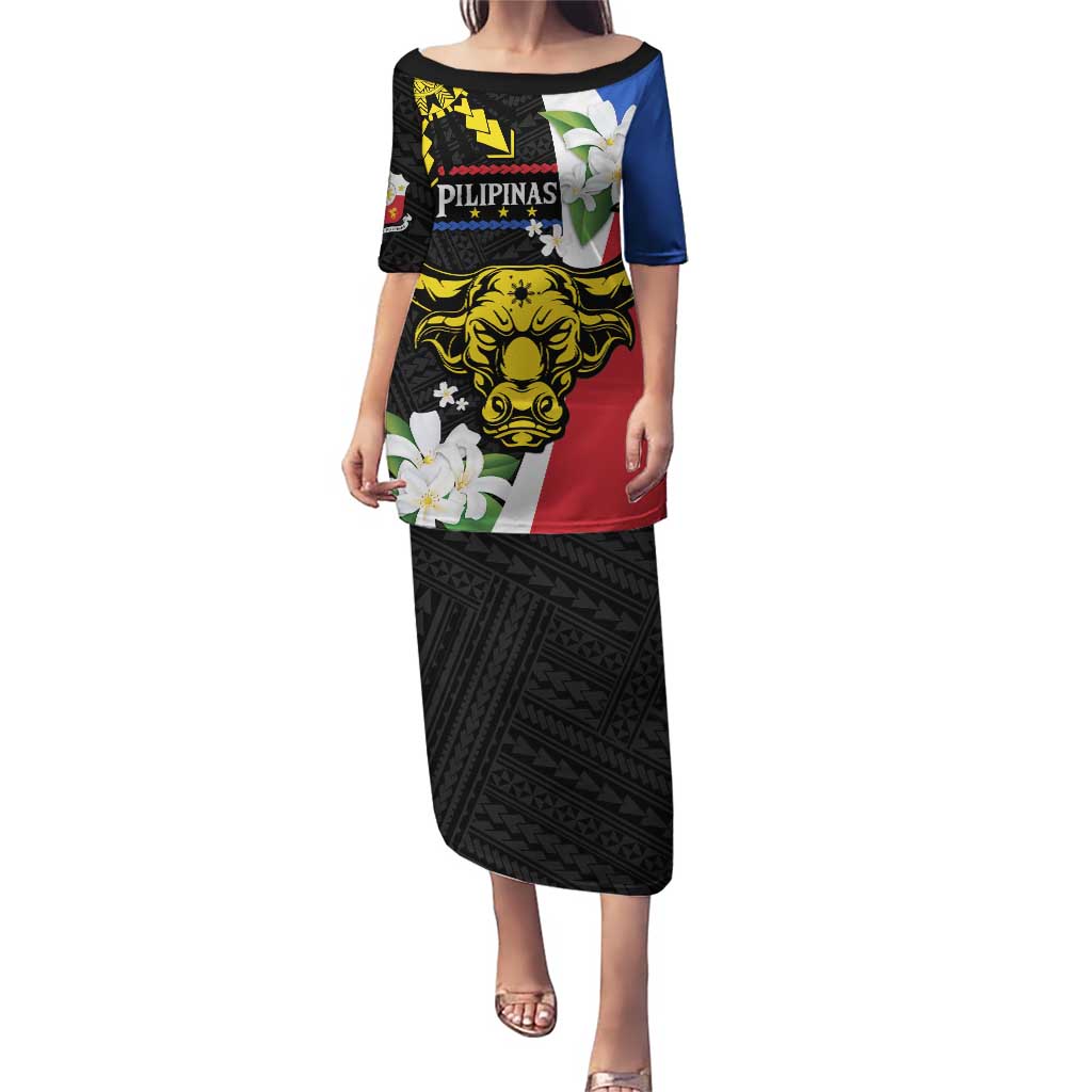 Personalised Philippines Carabao Puletasi Filipino Sun Mix Sampaguita Flower LT14 Long Dress Black - Polynesian Pride