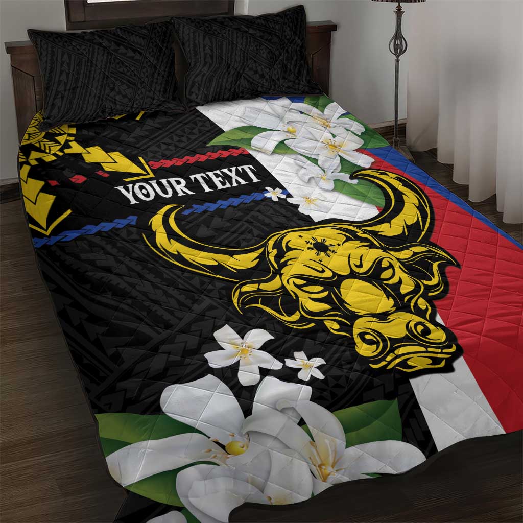 Personalised Philippines Carabao Quilt Bed Set Filipino Sun Mix Sampaguita Flower LT14 Black - Polynesian Pride
