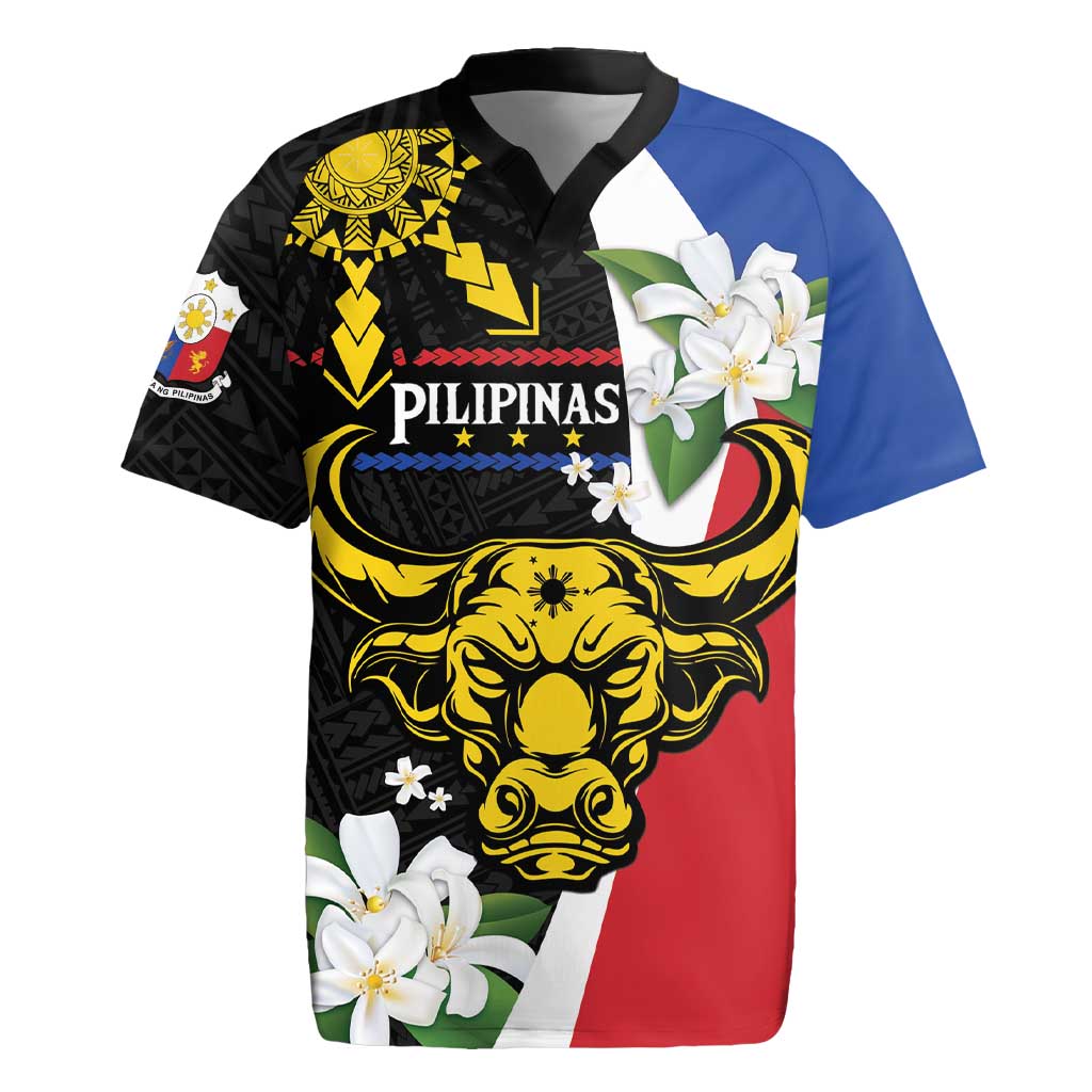 Personalised Philippines Carabao Rugby Jersey Filipino Sun Mix Sampaguita Flower LT14 Black - Polynesian Pride