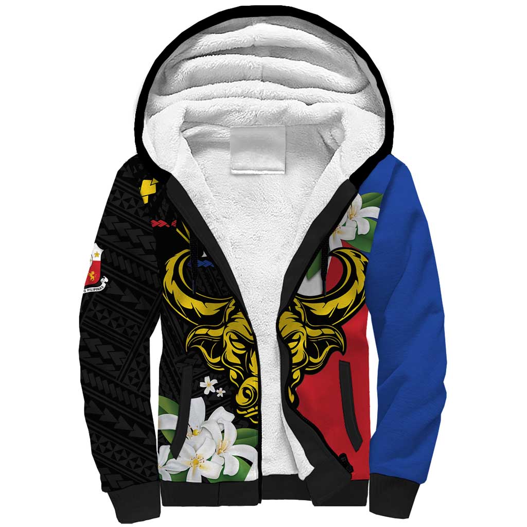 Personalised Philippines Carabao Sherpa Hoodie Filipino Sun Mix Sampaguita Flower LT14 Unisex Black - Polynesian Pride