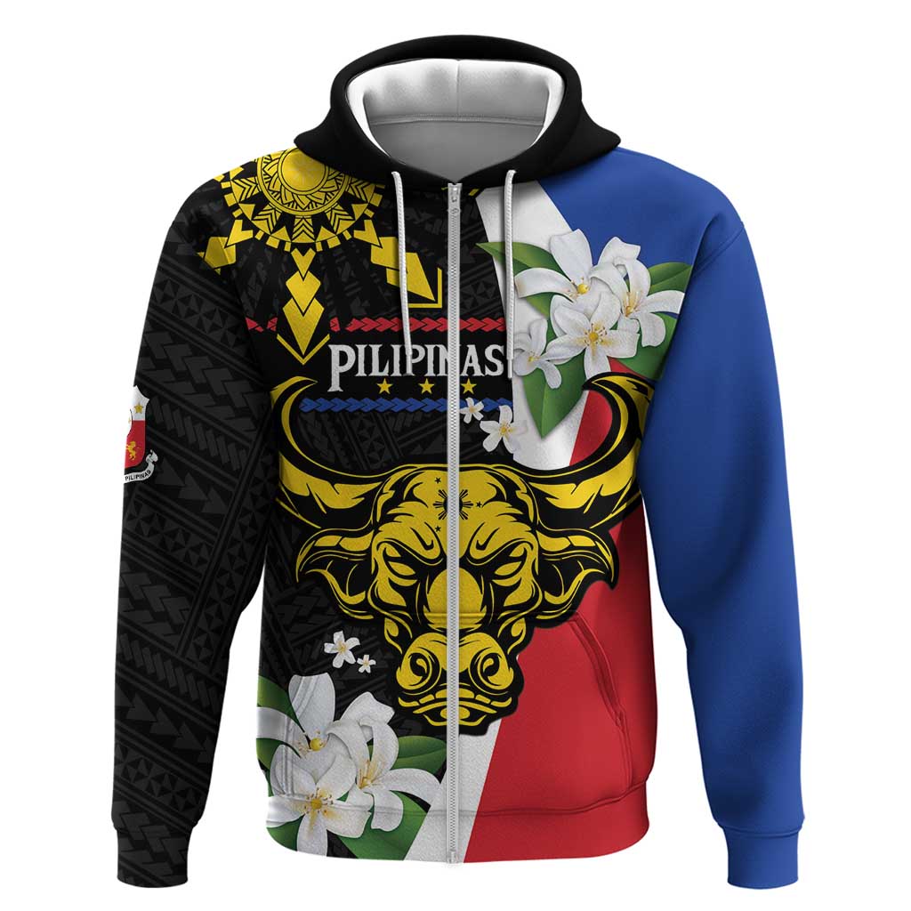 Personalised Philippines Carabao Zip Hoodie Filipino Sun Mix Sampaguita Flower LT14 Zip Hoodie Black - Polynesian Pride
