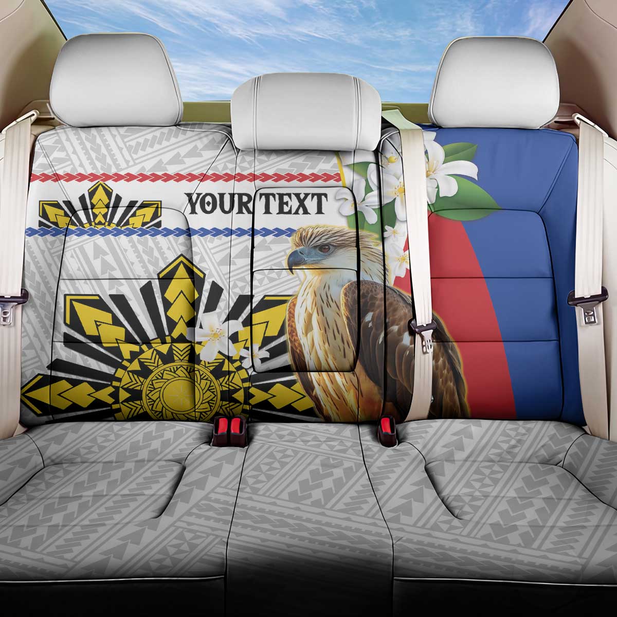 Personalised Philippines Eagle Back Car Seat Cover Filipino Sun Mix Sampaguita Flower LT14 One Size White - Polynesian Pride