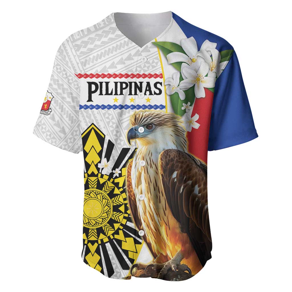 Personalised Philippines Eagle Baseball Jersey Filipino Sun Mix Sampaguita Flower LT14 White - Polynesian Pride