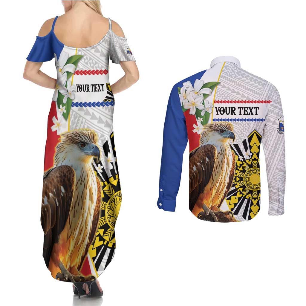 Personalised Philippines Eagle Couples Matching Summer Maxi Dress and Long Sleeve Button Shirt Filipino Sun Mix Sampaguita Flower LT14 - Polynesian Pride