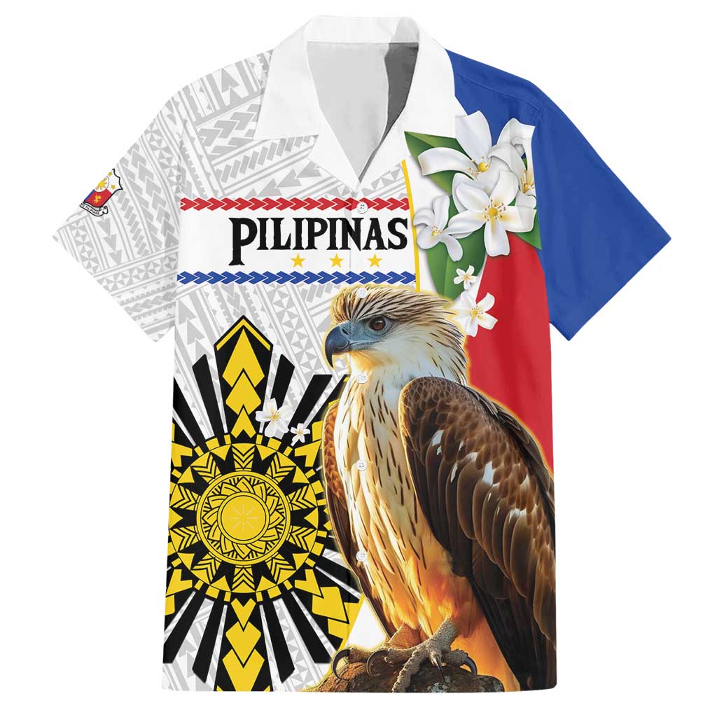 Personalised Philippines Eagle Hawaiian Shirt Filipino Sun Mix Sampaguita Flower LT14 White - Polynesian Pride