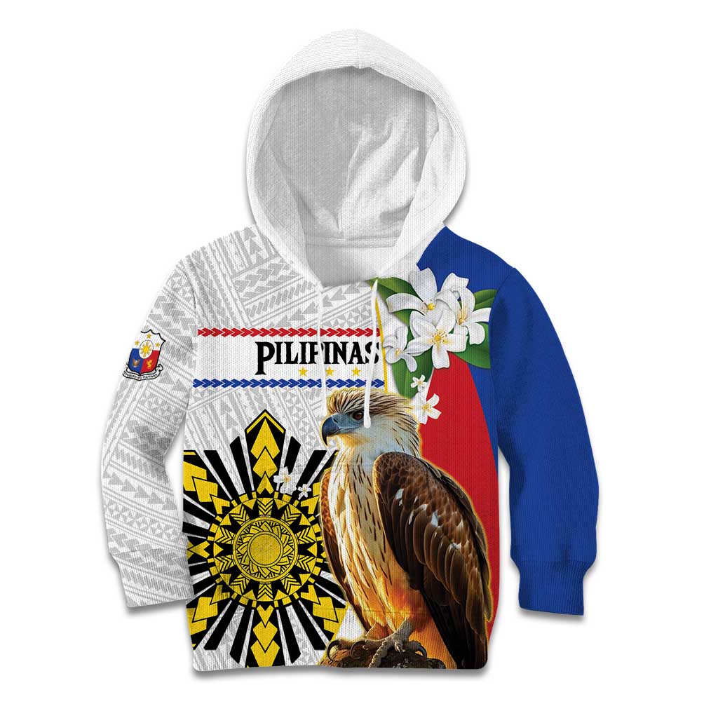 Personalised Philippines Eagle Kid Hoodie Filipino Sun Mix Sampaguita Flower LT14 Hoodie White - Polynesian Pride