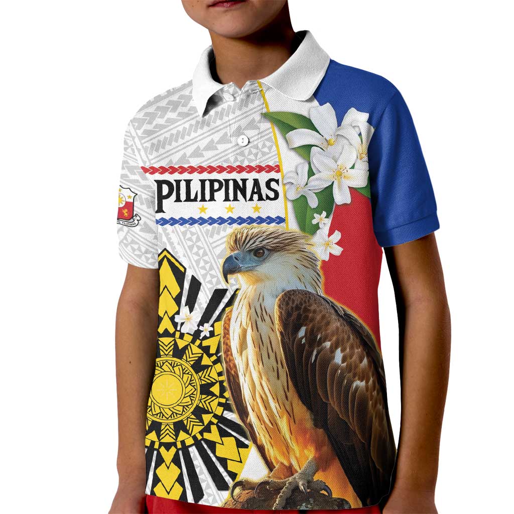 Personalised Philippines Eagle Kid Polo Shirt Filipino Sun Mix Sampaguita Flower LT14 Kid White - Polynesian Pride