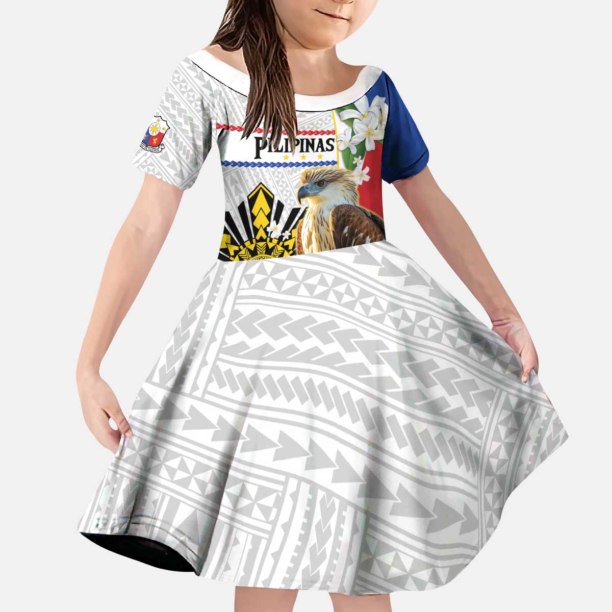 Personalised Philippines Eagle Kid Short Sleeve Dress Filipino Sun Mix Sampaguita Flower LT14 KID White - Polynesian Pride
