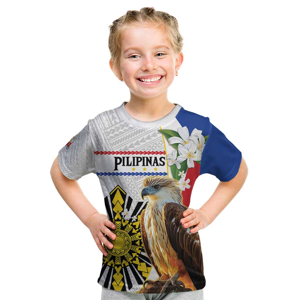 Personalised Philippines Eagle Kid T Shirt Filipino Sun Mix Sampaguita Flower LT14 White - Polynesian Pride