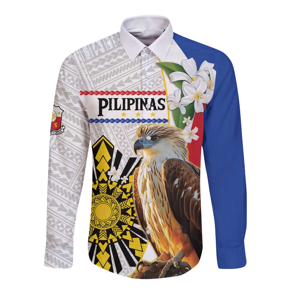 Personalised Philippines Eagle Long Sleeve Button Shirt Filipino Sun Mix Sampaguita Flower LT14 Unisex White - Polynesian Pride