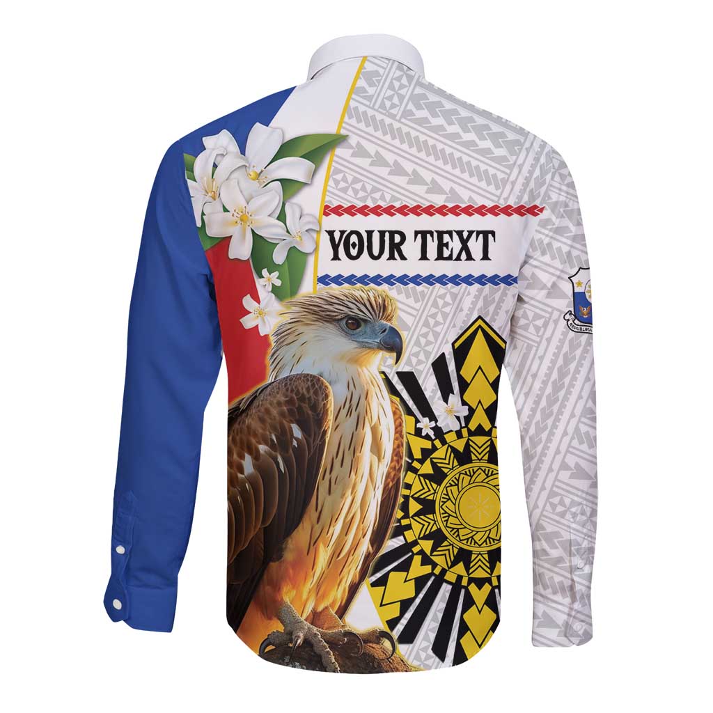 Personalised Philippines Eagle Long Sleeve Button Shirt Filipino Sun Mix Sampaguita Flower LT14 - Polynesian Pride