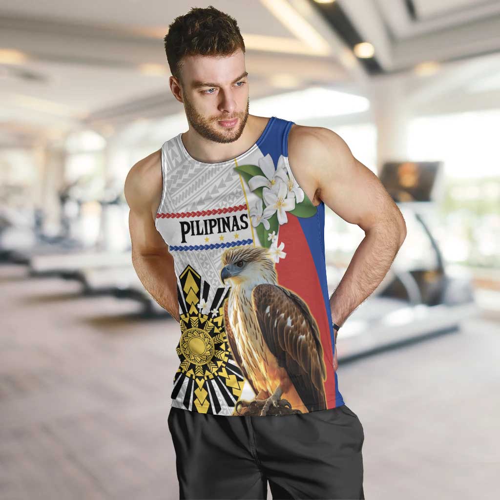 Personalised Philippines Eagle Men Tank Top Filipino Sun Mix Sampaguita Flower LT14 White - Polynesian Pride
