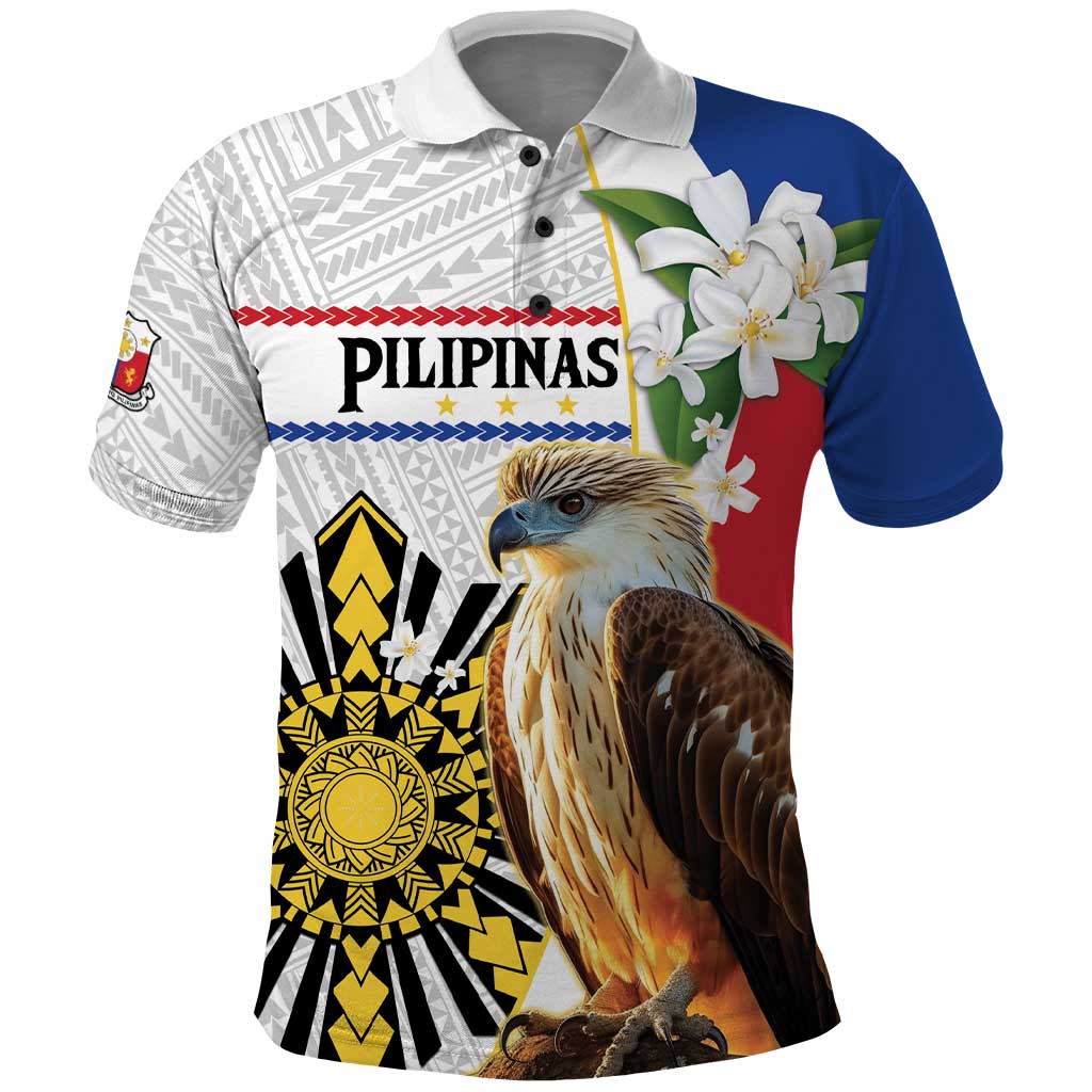 Personalised Philippines Eagle Polo Shirt Filipino Sun Mix Sampaguita Flower LT14 White - Polynesian Pride