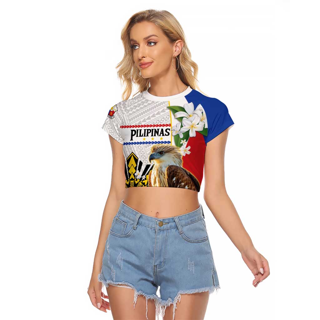Personalised Philippines Eagle Raglan Cropped T Shirt Filipino Sun Mix Sampaguita Flower LT14 Female White - Polynesian Pride